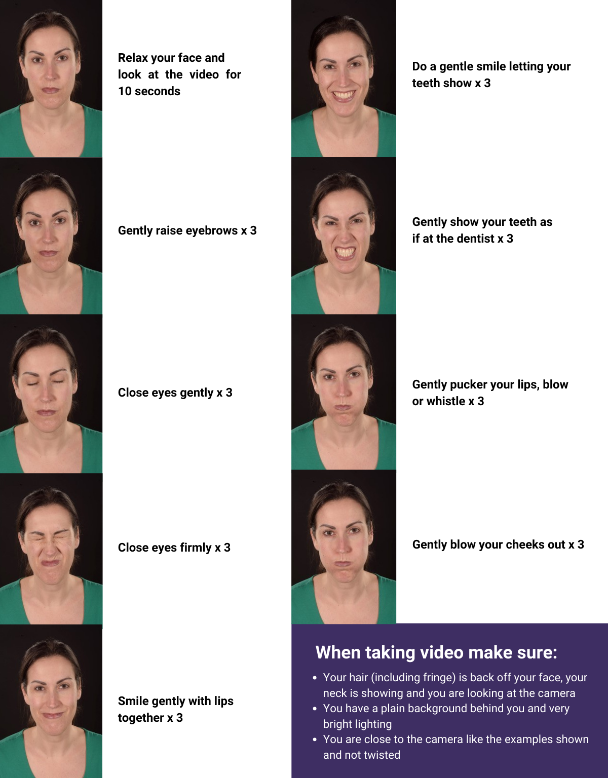 Image showing different facial expressions to make and record on video before and after an appointment for Botox